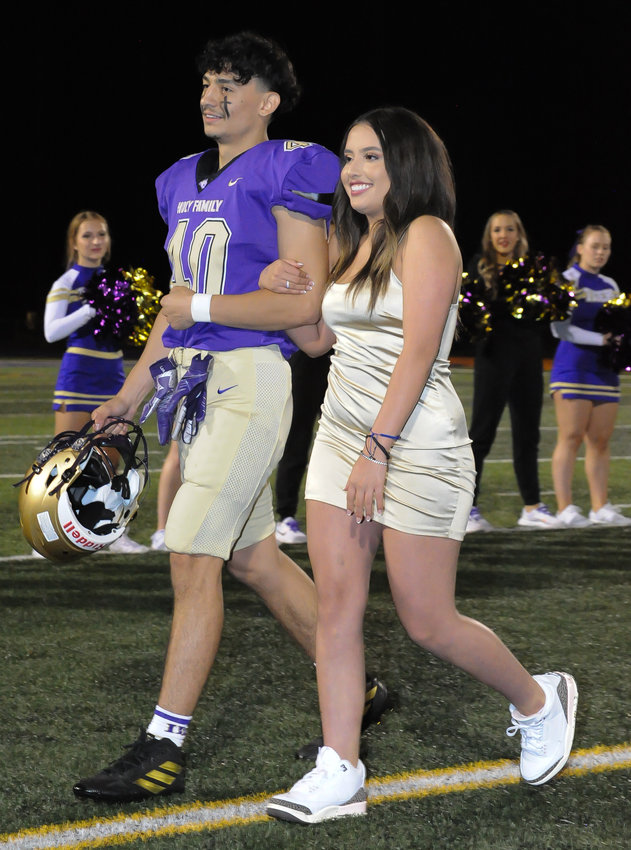 Holy Family senior royalty Cesar Morales and Cassandra Hernandez are introduced during homecoming halftime ceremonies in Broomfield Sept. 30.